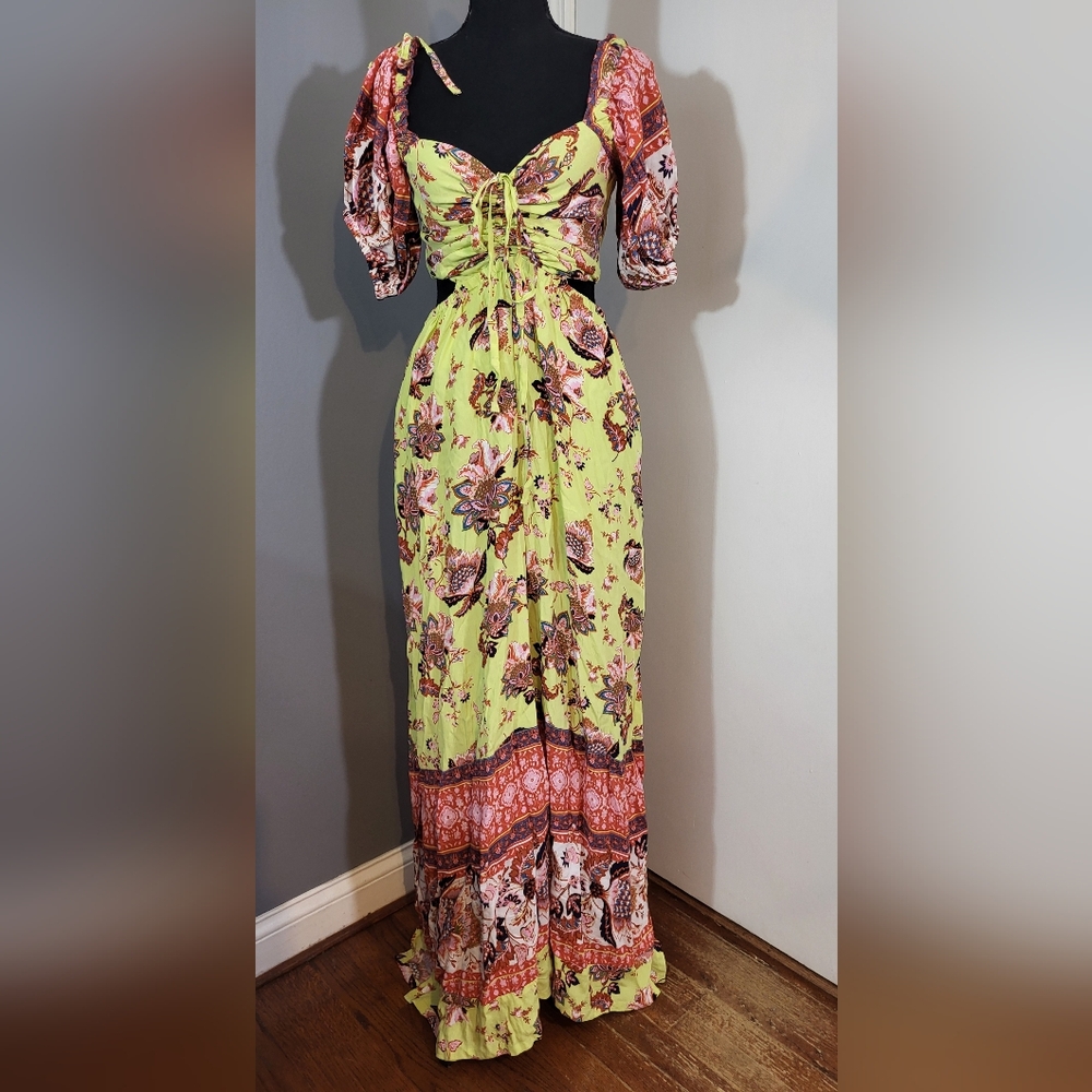 NWT $148.00 Free People Bali Lime Green Floral Jumpsuit with Puffy Sleeve Sz XS